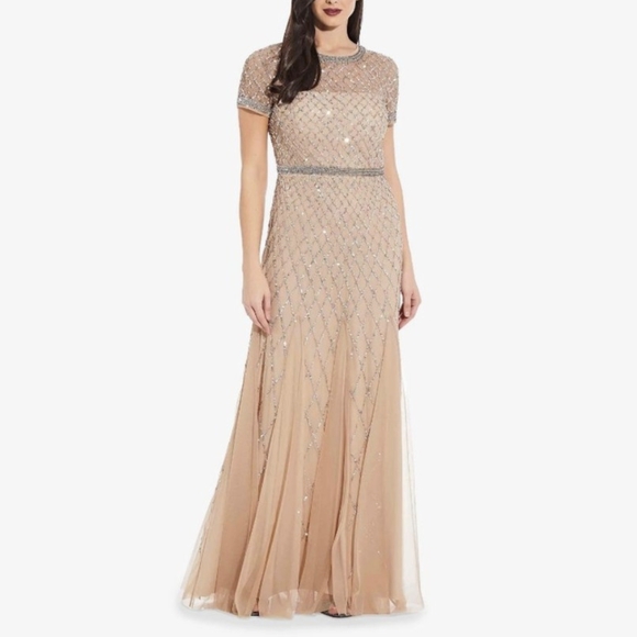 Adrianna Papell Short Sleeve Grid Beaded Gown - Picture 3 of 13